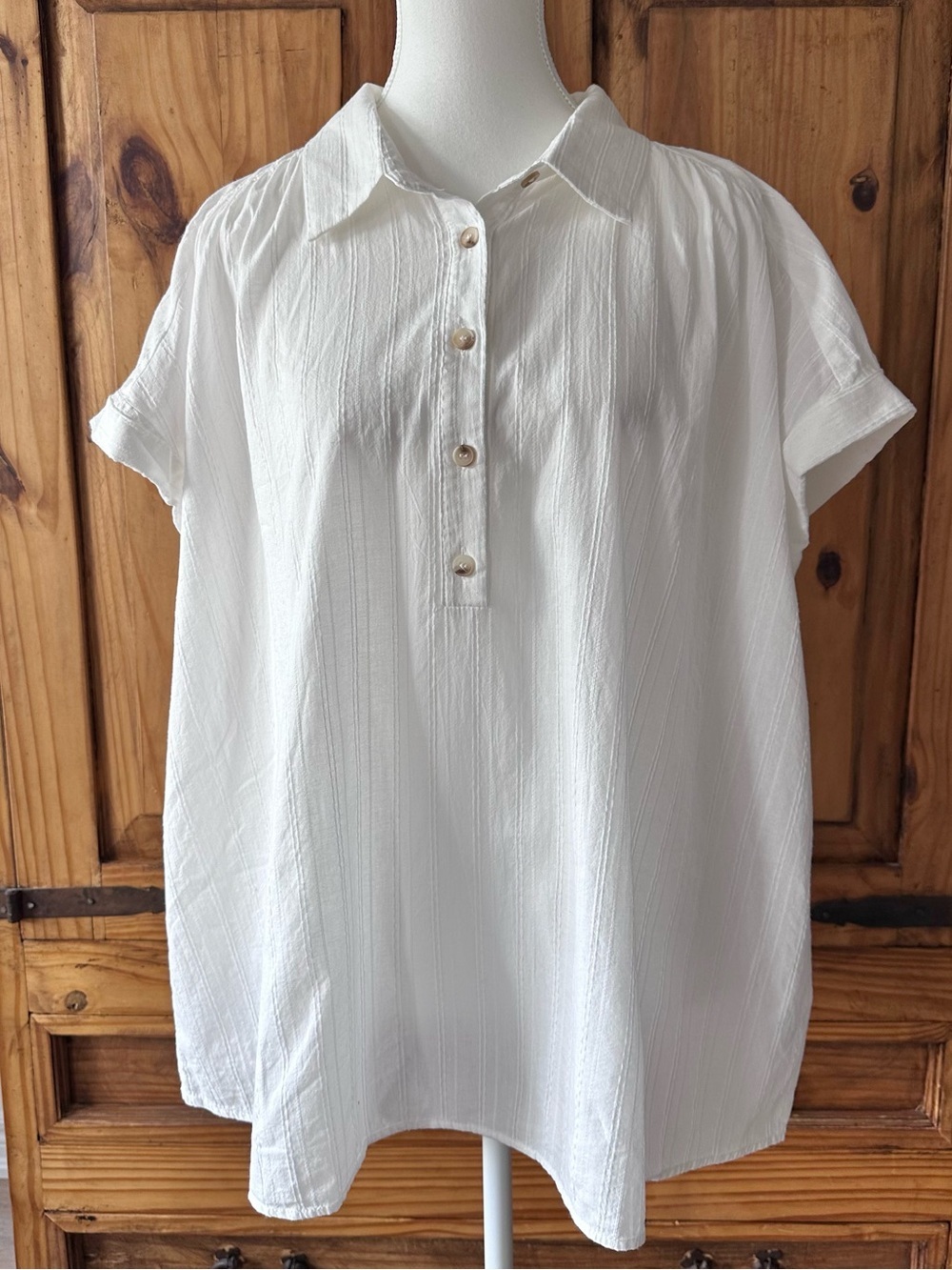 Andreé by Unit 100% Cotton White Cap Sleeve Henley Half Placket Shirt Coastal 3X
